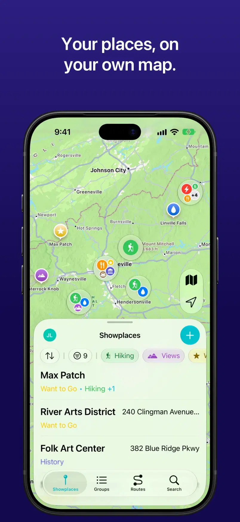 Showplaces on iPhone: saved places on a map of the Blue Ridge, with the list below.
