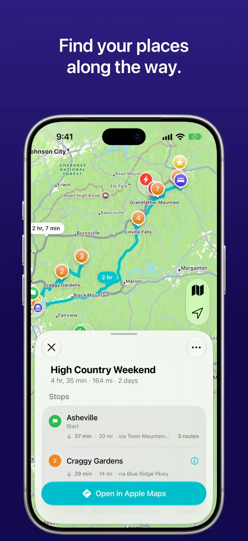 A two-day route through the High Country, with its stops on the map.