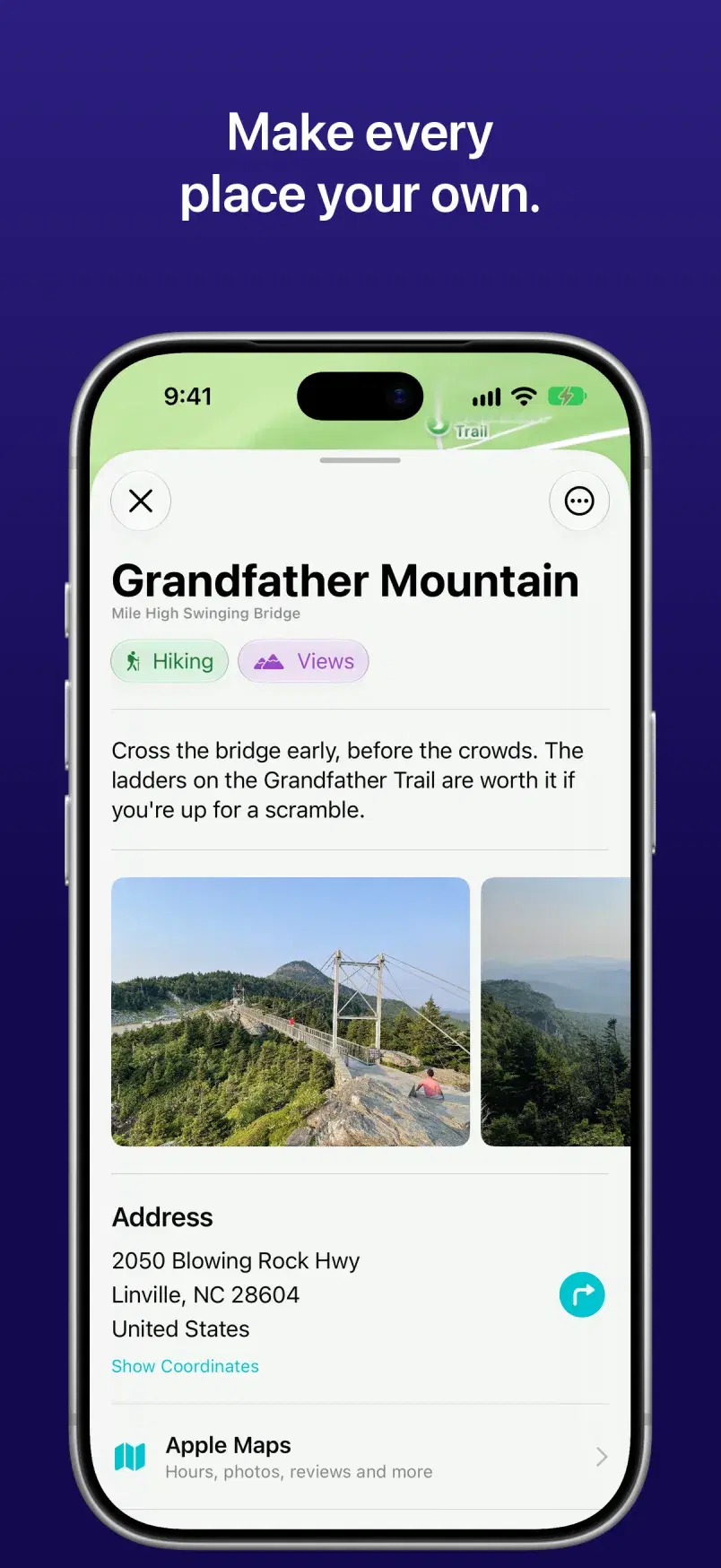A saved place, Grandfather Mountain, with its tags, a note and photos.